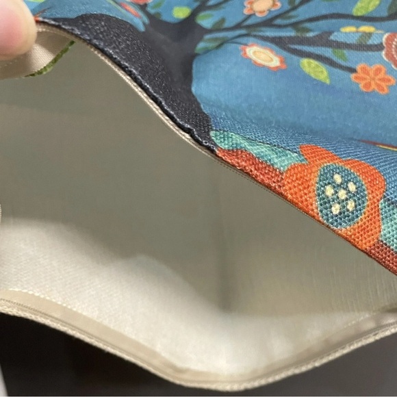 Zipped Pillow Cover Handcrafted Square Teal Tree Flowers Birds 17"x17" - Picture 3 of 3